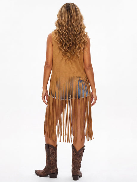 Women's Tassel Long Vest Fashionable Western Style Solid Color Open Front Cowgirl Sleeveless Jacket