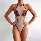 Toucheart Erotic Bodysuit Women's Printed Mesh Jumpsuit Sexy Intimate Hollow See-through Backless One-piece Underwear for Women