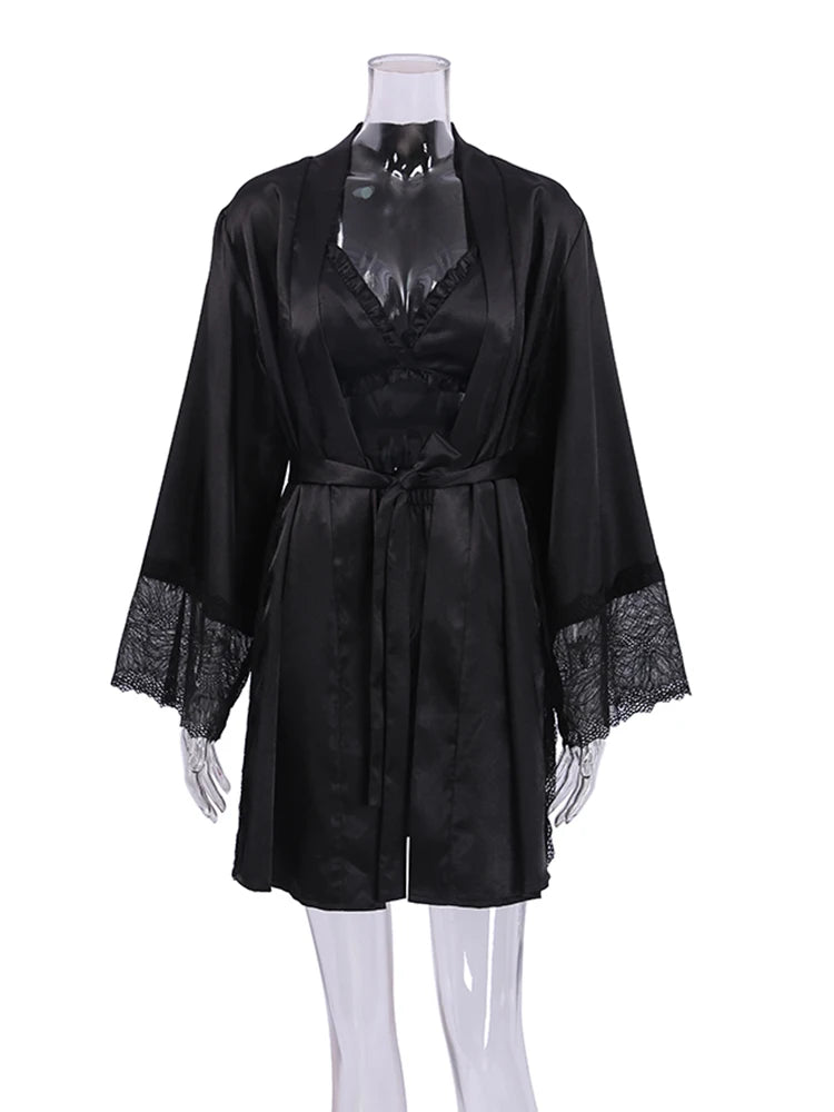 Pajama Sets Patchwork Lace Robe Sets With Bra Satin Sexy Underwear Set Woman 3 Pieces Sleepwear Sets Bathrobes 2023 Nightwear