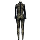 Y2k Hot Girl New Long Sleeve Bodycon Leopard Print Women Jumpsuit Sexy Sheer Mesh Bodysuits Catsuit Party Clubwear