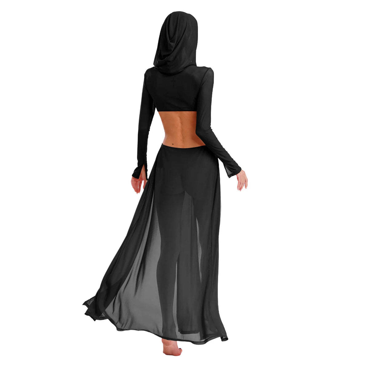 Women Wet Look Mesh Maxi Dress with Hooded Cosplay Sexy High Slit Lingerie Face Mask Long Sleeves Hollow Out Sheer Nightdress