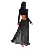 Women Wet Look Mesh Maxi Dress with Hooded Cosplay Sexy High Slit Lingerie Face Mask Long Sleeves Hollow Out Sheer Nightdress