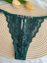 Custom Rhinestone Letter Name Text Sexy Lace Thong Panties Low Rise G-string Personalized Gift Wife Lover Anniversary Festival