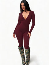Women High Stretch Ribbed Knit Long Sleeve Jumpsuit Deep V Neck Slim Fit Tight Full Length Bodysuit Pants Casual Club Outfit