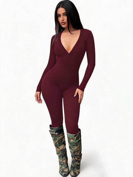 Women High Stretch Ribbed Knit Long Sleeve Jumpsuit Deep V Neck Slim Fit Tight Full Length Bodysuit Pants Casual Club Outfit