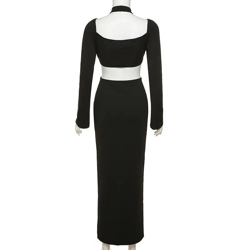 BoozRey Sexy Hipster Midi Dress Women Cleavage Hollow Backless Full Sleeve Solid Party Robe Female Slim High Street Attirewear