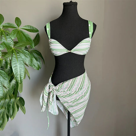 With Sarong Striped Bikini Female Swimsuit Women Swimwear Bather Bathing Suit Swim Three-pieces Bikini Set Strappy Padded K8453