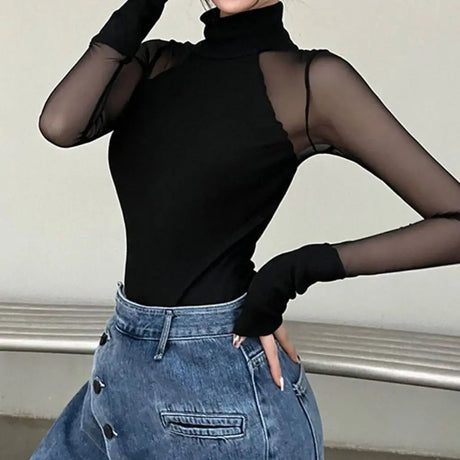 Fashion High Collar Long Sleeve Jumpsuit Translucent Simple Romper Shorts Female Clothes Slim Fit Lace Bottoming Shirt Female