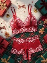 Women Sexy Christmas Lace Lingerie Set Contrast Color Hollow Deep V Bra Bowknot Easy Access Sheer Mesh Two Piece Night Outfit