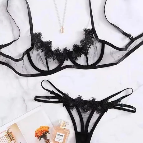 Tornova Sexy Lingerie Set Solid Color Lace See-through Underwear 2 Piece Set Lace Patchwork Mesh Interesting Women's Underwear