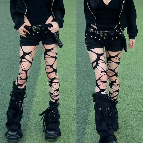 Punk Hollow Fishnet Stockings for Women Spider Web Torn Strap Holes Tights Girls Lolita Ragged Pantyhose Party Socks Pantyhose