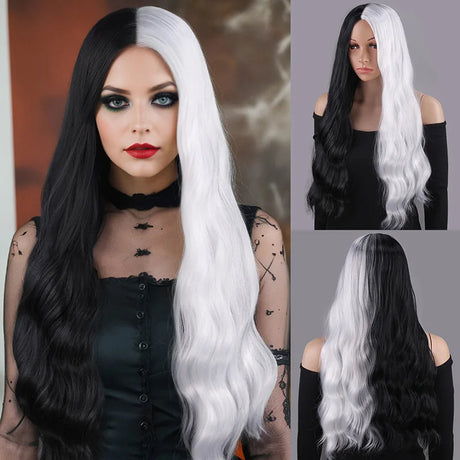 Cosplay Halloween Party Wigs CRUELLA Deville De Vil Black White With Bangs Short Bob Hair for Women Heat-Resistant Synthetic Wig