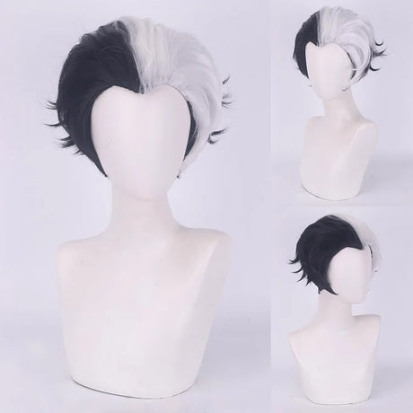 Cosplay Halloween Party Wigs CRUELLA Deville De Vil Black White With Bangs Short Bob Hair for Women Heat-Resistant Synthetic Wig