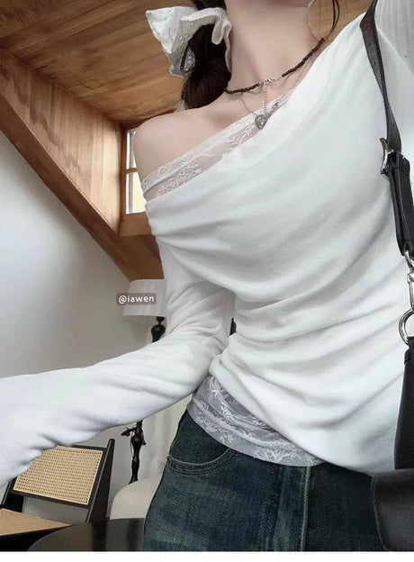 Lace Splice Asymmetrical Shoulder Long Sleeve T-Shirt Women's Slim Fit White Top for Autumn Winter Commute Casual Wear