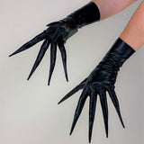 POINTED FINGER GLOVES 85cm 33" Long Spike Shoulders Patent Faux Leather PU Arm Warmers Shine Black LLDLLNT