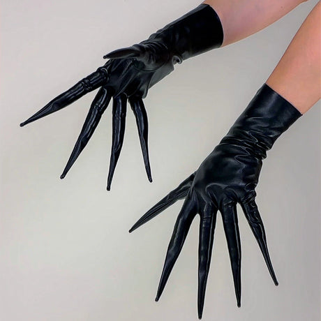 POINTED FINGER GLOVES 85cm 33" Long Spike Shoulders Patent Faux Leather PU Arm Warmers Shine Black LLDLLNT