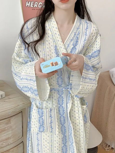 Sweet, Fresh, And Retro Striped Floral Nightgown and Pajamas for Women: Long-Sleeve Bathrobe and Loungewear for Spring and Fall