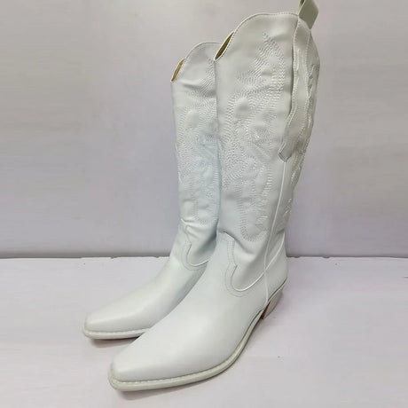 White Cowgirl Western Boots Embroidery Cowboy Boots for Women 2026 Brand Fashion Chunky Heeled Women Mid-Calf Boots Shoes Comfy