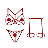 5 Colors Women Black Lace Lingerie Set Strappy Bra Panty Garter Belt Pearl Chain Rose Applique Adjustable Harness Nightwear