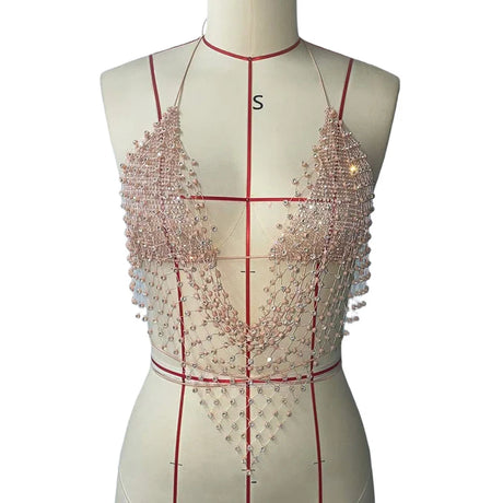 Dazzling Rhinestone Mesh Camisole Sexy Backless Halter Neck Bandage V Neck Hollow Fishnet Tank Top Women Party Club Crop Tops