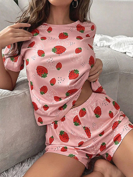 Women's Sleepwear Cute Strawberry Print Pajama Pj Set Summer Short Sleeve Top & Shorts Loungewear Soft Comfortable Home Clothing