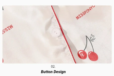 Cherry Print Silk Pajamas Set For Women Summer Short Sleeve Shirt And Shorts Two Pieces Sleepwear Homewear Nightwear
