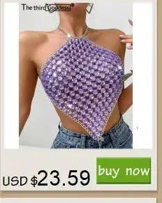 Sexy Metal Rhinestone Corset Crop Top Women Summer Club Party tops Woman Clothing See through Beach Halter Tank Top Streetwear