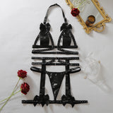 Women's Faux Leather Harness Underwear Lingerie Set Bow Decor Rhinestone Trim Halter Bra Garter Belt Panty 3‑Pcs Intimate Outfit