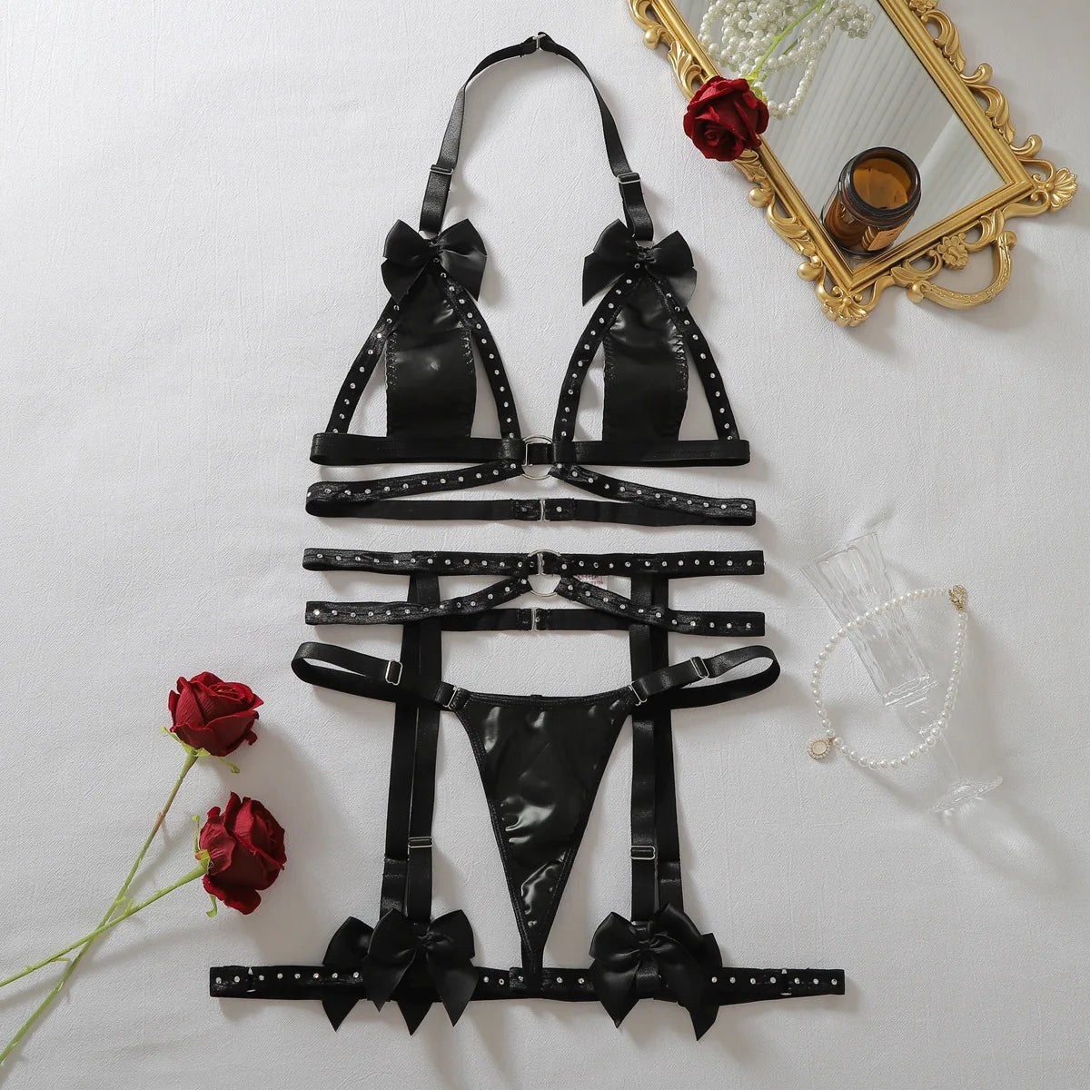 Women's Faux Leather Harness Underwear Lingerie Set Bow Decor Rhinestone Trim Halter Bra Garter Belt Panty 3‑Pcs Intimate Outfit