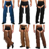Mens Western Cowboy Chaps Fuax Suede Tassel Hollow Out Open Crotch Long Pants Adjustable Buckles Waist Motorcycle Biker Trousers