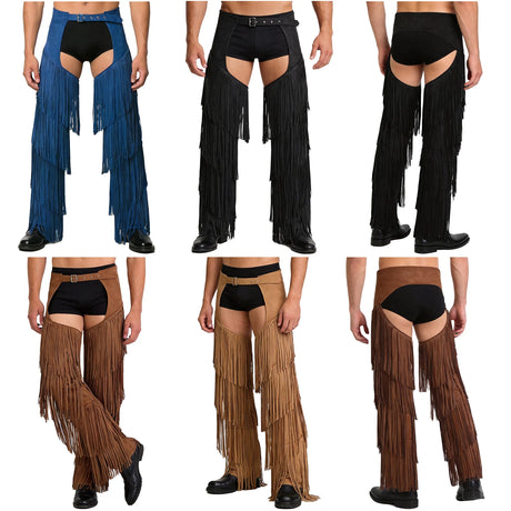 Mens Western Cowboy Chaps Fuax Suede Tassel Hollow Out Open Crotch Long Pants Adjustable Buckles Waist Motorcycle Biker Trousers