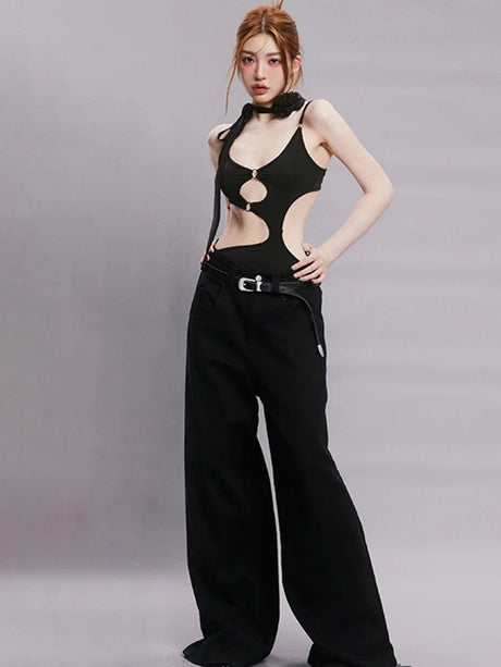 Women's Black Sleeveless V-Neck Spaghetti Strap Bodysuit Hollow out Rave Goth Outfit Back Hook Closure Punk Top
