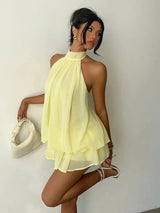 Women Halter Neck Backless Tie Mini Dress Summer Sleeveless Chiffon Ruffle Short Dresses Sexy Club Party Beach Vacation Outfit
