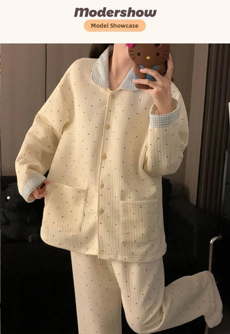 Thickened Air Cotton Sleepwear Set for Women Autumn Winter Polka Dot Home Clothes Korean Style Cute Girl Long Sleeve V-Neck