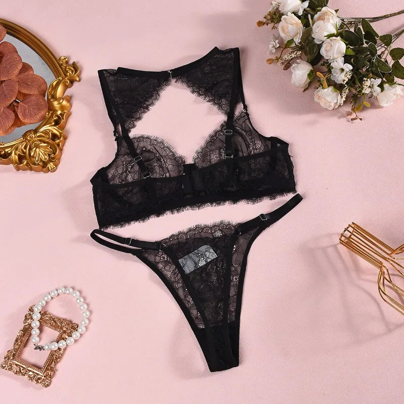 Women's Black Lace Lingerie Set Underwire Bra Thong Panty Garter Straps Choker Gloves Floral Embroidery Sexy Underwear Outfit