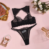 Women's Black Lace Lingerie Set Underwire Bra Thong Panty Garter Straps Choker Gloves Floral Embroidery Sexy Underwear Outfit