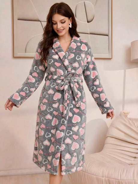Women's Winter Printed Flannel Robe with Hidden Side Pockets, Adjustable Waist Belt, Loungwear Robe for Home & Outdoor Wear