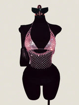ling Pink Crystal Net Vest with Sequins Women Deep V Neck Dance Clubwear Trendy Fashion for Nightclub Bikini Cover Up
