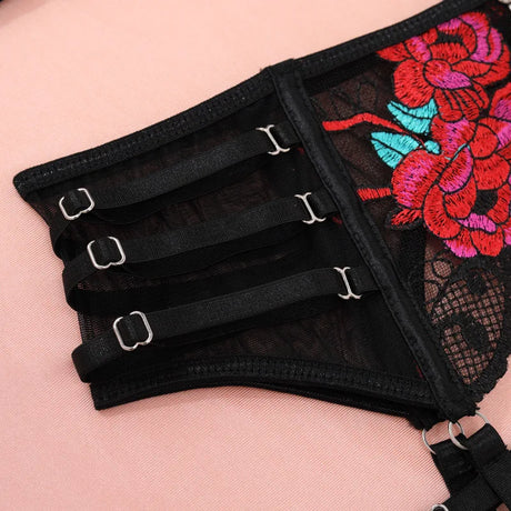 Ellolace Seductive Sexy Lingerie Bra Belt Thong 3PC Set Beautiful Floral Embroidered Intimate Tempted Women Underwear
