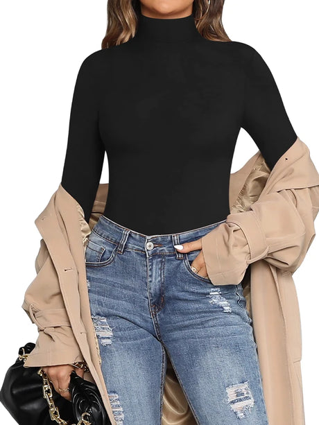 Women's Turtleneck Long Sleeve Bodysuit Women Jumpsuit Stretchy Layer Top Black Solid Color Slim Fit Overalls One Piece Outfit