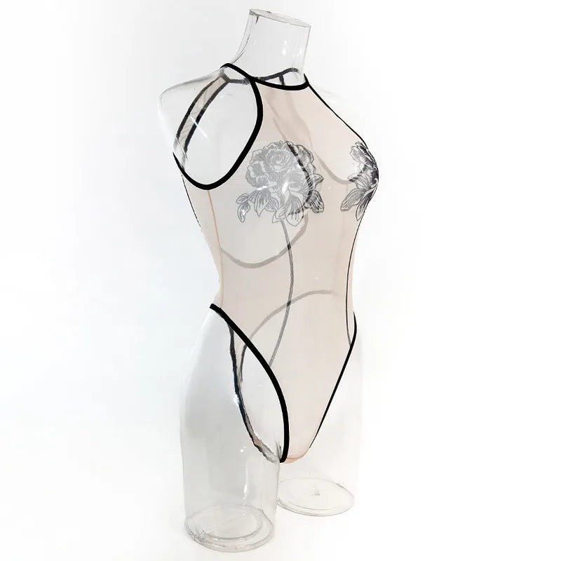 Toucheart Erotic Bodysuit Women's Printed Mesh Jumpsuit Sexy Intimate Hollow See-through Backless One-piece Underwear for Women