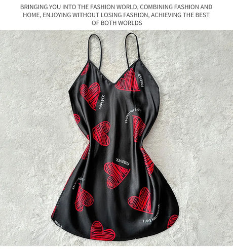 Valentine's Day Red Lip Print Satin Slip Nightdress V Neck Backless Mini Sleep Dress Women's Sleepwear Dresses