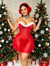 Christmas Plus-size Sexy Mesh Lingerie New Style Women's Red Christmas Lingerie Fur Trim Lace Sheer Mesh Flowy Nightgown 69FS