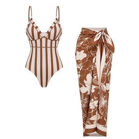 Flaxmaker Summer Sexy V Neck Vintage Printed Swimsuit Set Retro Brown stripes Printed Swimwear And Skirt Biquini conjunto de