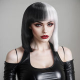 Cosplay Halloween Party Wigs CRUELLA Deville De Vil Black White With Bangs Short Bob Hair for Women Heat-Resistant Synthetic Wig