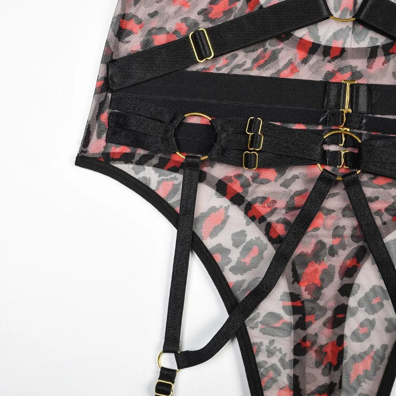 Leopard Print Strappy Bodysuit Blue Caged Harness Lingerie Sexy Mesh Sheer Teddy Underwire Erotic Lenceria Mujer