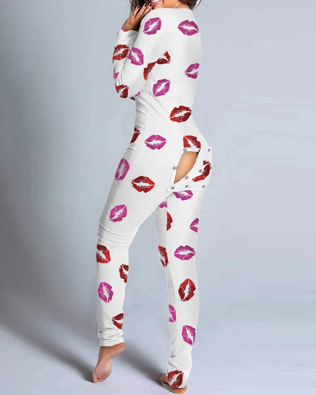Sexy Pyjama Women's Long Sleeves Homewear Suit Button-Down Front Back Butt Bum Open Ass Flap Jumpsuit Loungewear Christmas Print