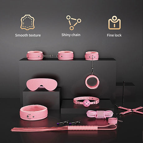 Couples BDSM Bondage Kit with Handcuffs Neck Collar Wrist Restraints Mouth Gag And Strap - Adult SM Sex Toys for Women's Fetish