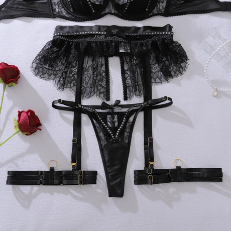 Ellolace Willowy Women's Lingerie Sets Luxury Sequin Bra Belt Thong 3PC with Leg Circles Luxury Tulle Women Intimate Underwear