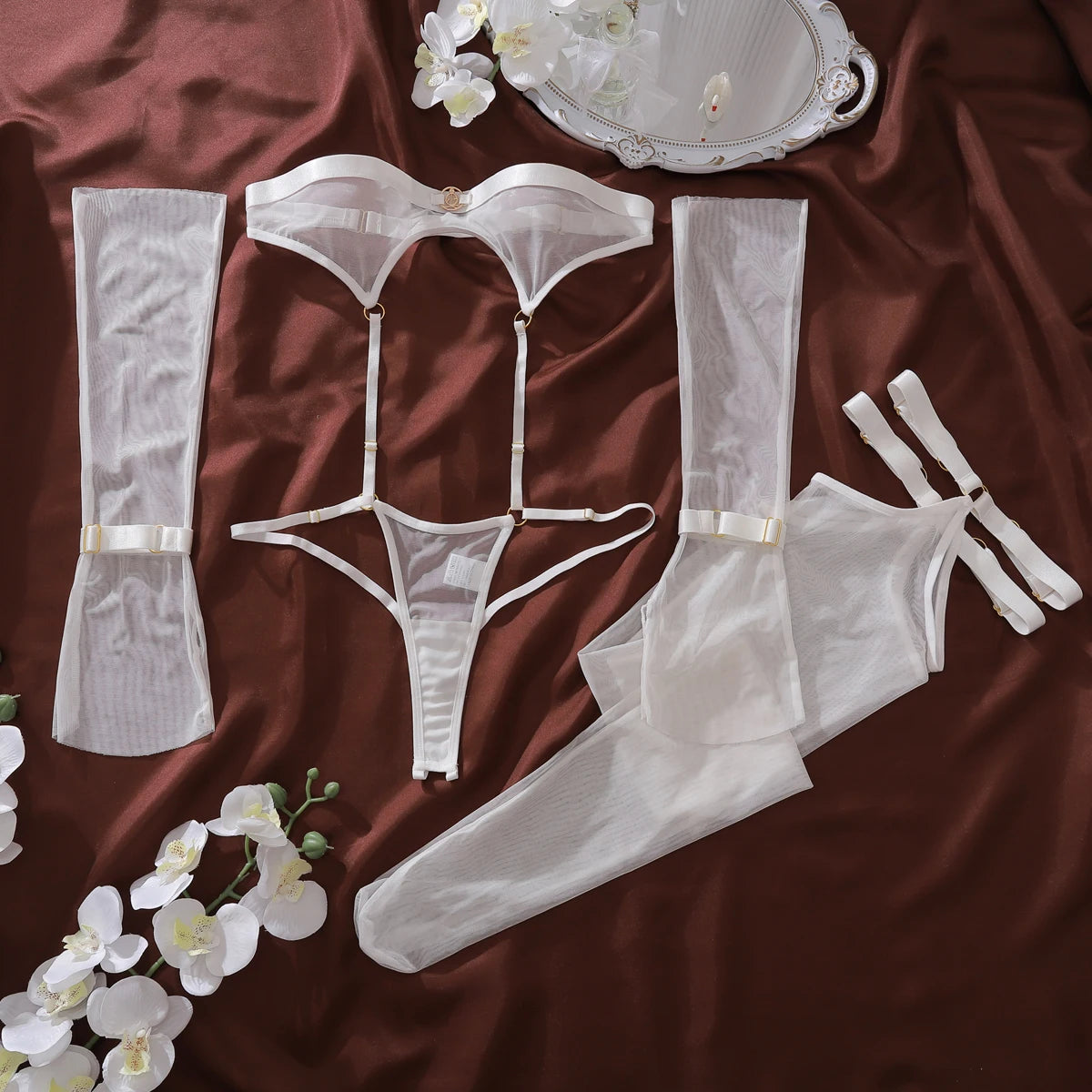 Ellolace Willowy Sexy Lingerie Exclusive Strapless Half Cup Bodysuit Seductive Open Crotch 5PC Body Set See Through Dancer Kit